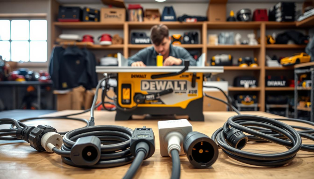 A well-lit workshop scene with a DEWALT table saw prominently displayed in the center. In the foreground, an assortment of power cords and electrical plugs are arranged, showcasing different amperage requirements. The middle ground features a person examining the saw, carefully considering the appropriate power source. The background includes shelves with various power tools and supplies, creating a professional, industrial atmosphere. The lighting is bright and directional, highlighting the details of the saw and the power options. The overall mood is one of thoughtful deliberation, guiding the viewer towards the optimal power choice for this DEWALT table saw.