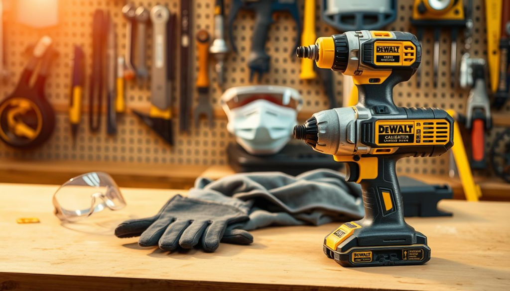 A well-lit workshop scene with a DeWalt impact driver resting on a workbench. The driver is displayed in the foreground, its metallic body and yellow accents shining under a warm, directional light. In the middle ground, safety gear such as protective goggles, gloves, and a face mask are neatly arranged, highlighting the importance of responsible usage. The background features a pegboard wall with various tools, creating a professional, organized atmosphere. The overall scene conveys a sense of safety, precision, and the reliable performance of the DeWalt impact driver.