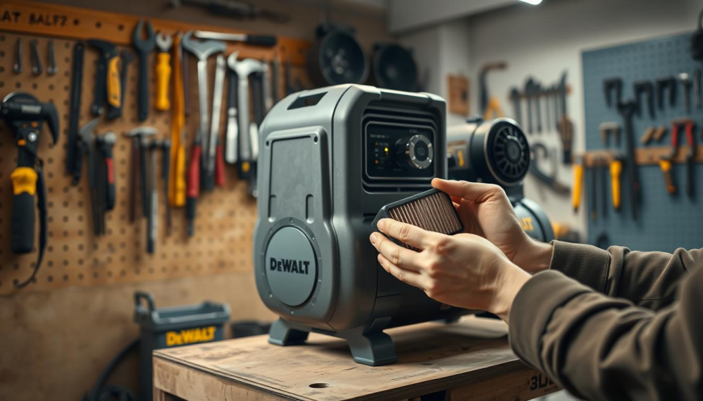 A well-lit workshop scene, with a DeWalt low noise air compressor prominently displayed on a sturdy workbench. The compressor's sleek, metallic gray casing is meticulously maintained, free of dirt and grime. In the foreground, a technician's hands carefully inspect the air filter, gently removing it for inspection. The background features an array of tools, neatly organized on pegboards, suggesting a well-equipped workspace dedicated to proper compressor upkeep. Soft, diffused lighting creates a warm, inviting atmosphere, highlighting the attention to detail and the importance of regular maintenance for ensuring the long-lasting performance of this powerful, yet whisper-quiet air compressor.