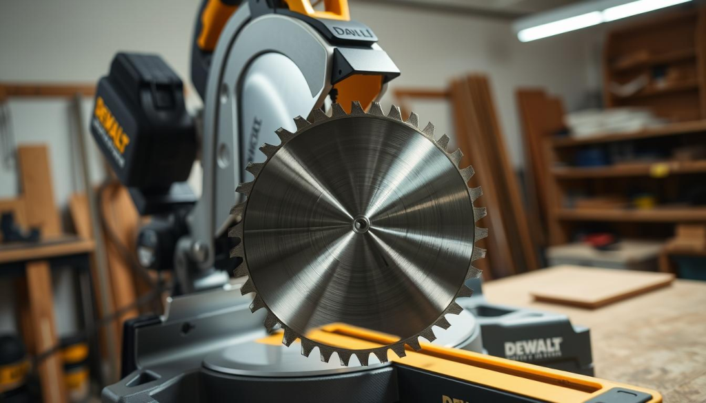A well-lit workshop setting, a DEWALT Z260 miter saw positioned prominently on a sturdy workbench. The saw's blade is exposed, inviting the viewer to focus on the installation process. The foreground features the blade and its components, with meticulous attention to detail, showcasing the blade's serrated teeth, the blade guard, and the arbor shaft. The middle ground highlights the saw's robust design, emphasizing its durability and precision. The background depicts a clean, organized workspace, conveying a sense of professionalism and expertise. Soft, directional lighting casts subtle shadows, creating depth and accentuating the blade's intricate structure. An overall atmosphere of instructional clarity and technical mastery pervades the scene.
