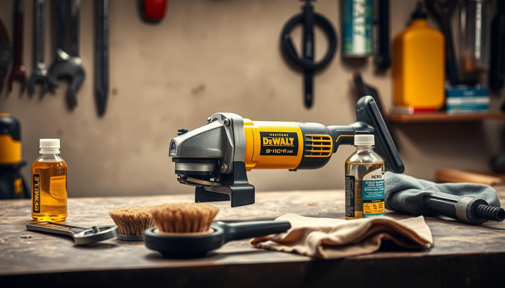 A well-lit workshop setting, a DeWalt 9-inch angle grinder prominently displayed on a workbench. Surrounding it are the essential maintenance tools - a wrench, a brush for cleaning, a bottle of lubricating oil, and a polishing cloth. The grinder is shown in profile, its sturdy body and powerful motor conveying a sense of reliability and durability. Soft, directional lighting illuminates the scene, casting subtle shadows that emphasize the grinder's robust construction. The overall atmosphere is one of organized efficiency, conveying the message of proper maintenance for long-lasting performance.