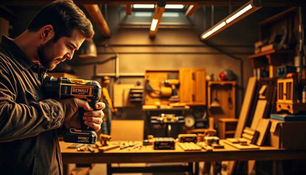 A well-lit workshop setting showcases the versatility of DEWALT ULTRACON tools. In the foreground, a skilled technician operates a DEWALT ULTRACON impact driver, its sleek design and powerful performance on full display. In the middle ground, a range of DEWALT ULTRACON applications are showcased, from heavy-duty drilling and fastening to delicate woodworking tasks. The background features a diverse array of workpieces, from metal structures to intricate cabinetry, demonstrating the broad utility of this innovative line of tools. Warm, directional lighting casts dynamic shadows, accentuating the robust construction and precision engineering of the DEWALT ULTRACON products. The overall scene conveys a sense of professionalism, efficiency, and the seamless integration of these tools into a variety of industrial and DIY settings.