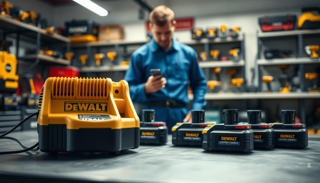 A well-lit workshop setting showcasing a DEWALT battery charger. In the foreground, the charger sits atop a sturdy workbench, its sleek, yellow casing gleaming under soft, diffused lighting. Meticulously placed around it are various DEWALT battery packs, their labels clearly visible. In the middle ground, a technician in a crisp, blue uniform carefully inspects the charging process, ensuring optimal power transfer and battery health. The background features shelves stocked with DEWALT tools, creating a professional, industrial atmosphere that conveys the importance of proper battery charging for reliable tool performance.
