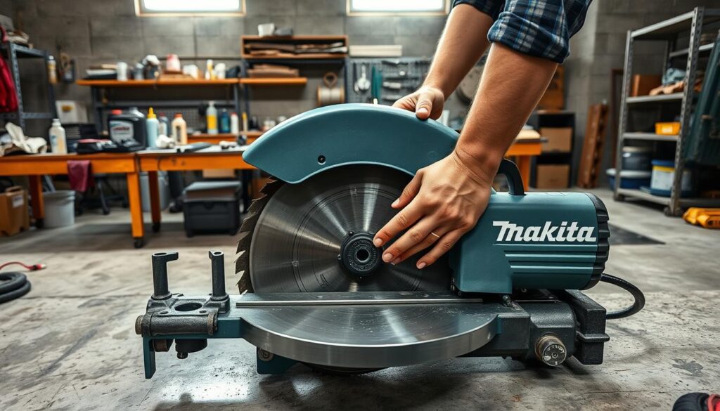 A well-lit workshop setting showcasing a Makita concrete saw undergoing maintenance. In the foreground, the saw's blade and motor are clearly visible, with the operator's hands carefully inspecting and cleaning the components. The middle ground features a workbench with various tools, lubricants, and spare parts neatly organized, suggesting a systematic approach to maintaining the saw. The background depicts the workshop's sturdy construction, with concrete floors and metal shelving, conveying a sense of durability and professionalism. The overall scene exudes an atmosphere of attentive care and diligence, reflecting the importance of proper maintenance for ensuring the Makita concrete saw's powerful performance and longevity.