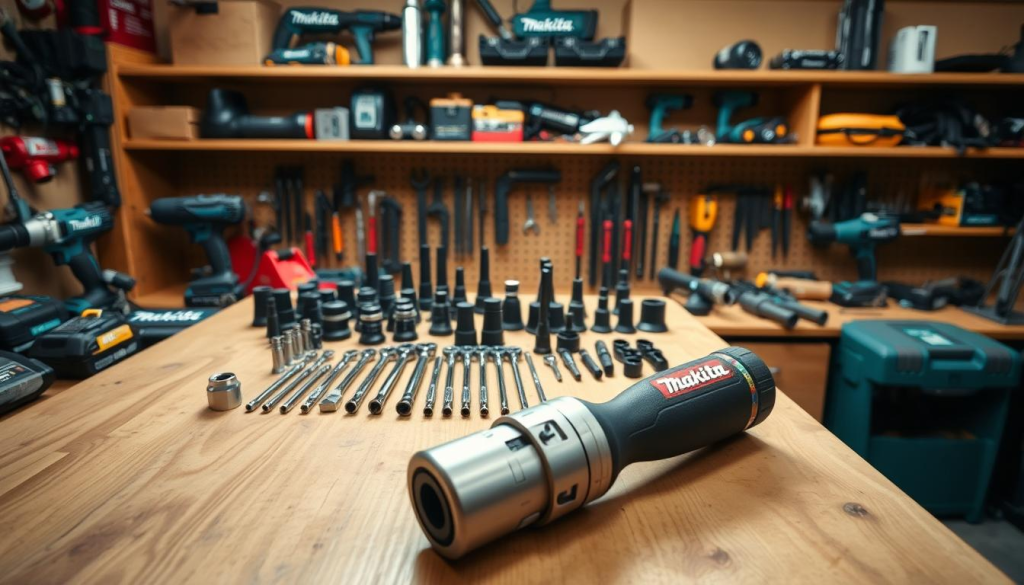 A well-lit workshop setting showcasing a Makita cordless ratchet wrench set prominently displayed on a wooden workbench. The ratchet in the foreground appears to be a 3/8" drive model with a brushed metal finish, positioned to highlight its sturdy construction and ergonomic design. In the middle ground, a collection of various Makita ratchet attachments and accessories are neatly arranged, demonstrating the versatility of the tool system. The background features shelves stocked with Makita power tools, conveying a sense of a professional-grade home workshop equipped with high-quality, reliable Makita equipment.
