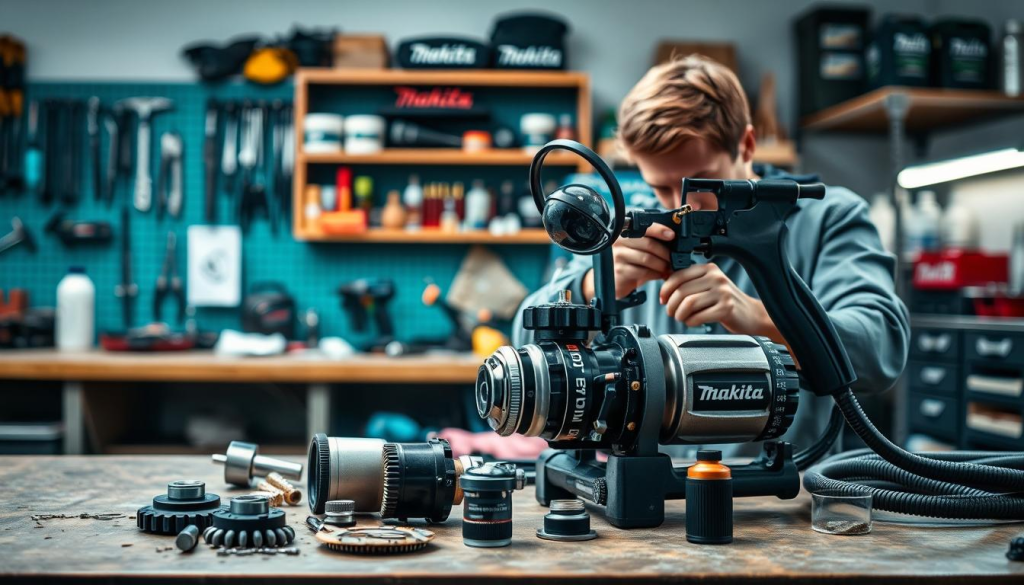 A well-lit workshop setting, showcasing a Makita paint sprayer on a workbench. In the foreground, the sprayer's components are meticulously arranged, highlighting the importance of proper maintenance. The mid-ground depicts a technician carefully disassembling the sprayer, examining each part with a magnifying glass. In the background, shelves of Makita tools and supplies provide a sense of a professional, organized workspace. The lighting is soft and diffused, creating a calm, instructional atmosphere, guiding the viewer's attention to the critical steps of maintaining a Makita paint sprayer for optimal performance and longevity.