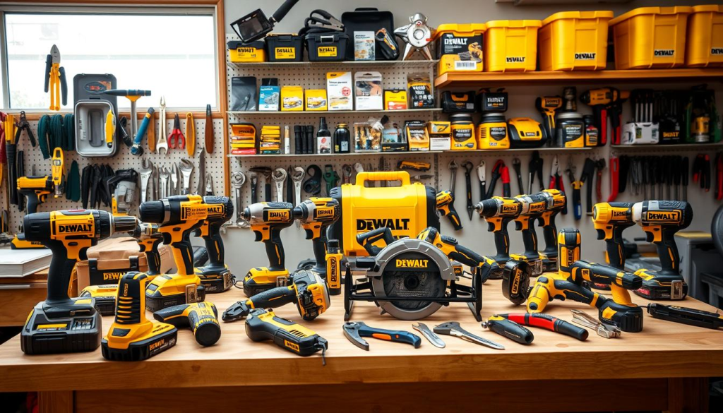 A well-lit workshop setting, showcasing a diverse array of DEWALT DIY tools neatly arranged on a sturdy wooden workbench. In the foreground, a collection of power tools including a cordless drill, circular saw, and oscillating multi-tool, their sleek black and yellow designs radiating a sense of professional-grade quality. In the middle ground, a selection of hand tools such as pliers, wrenches, and a utility knife, demonstrating the brand's comprehensive range. The background features shelves stocked with various DEWALT accessories, including blades, bits, and storage containers, creating an impression of a well-equipped DIY workshop. The overall scene conveys a sense of efficiency, reliability, and the empowerment of the modern DIY enthusiast.