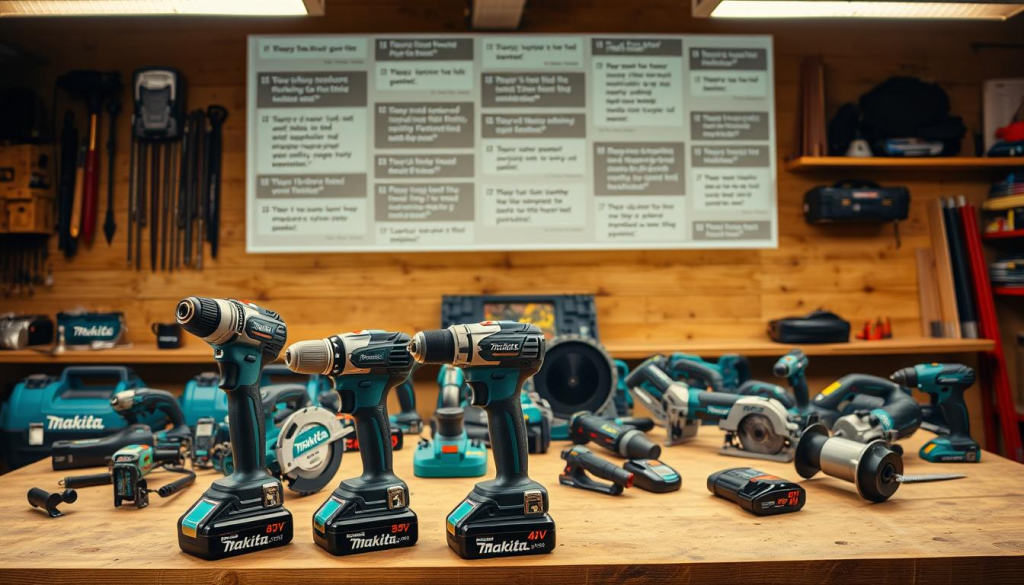 A well-lit workshop setting, showcasing an assortment of Makita 40V power tools laid out on a sturdy workbench. In the foreground, a cordless drill and impact driver stand prominently, their sleek metallic bodies gleaming under the warm, focused lighting. Surrounding them, an array of other Makita tools, including a circular saw, reciprocating saw, and angle grinder, all arranged in a visually striking, symmetrical composition. In the background, a collage of user testimonials and product reviews are projected onto the wall, highlighting the power, performance, and reliability of the 40V lineup. The overall scene conveys a sense of professional expertise, user satisfaction, and the versatility of Makita's 40V tool ecosystem.