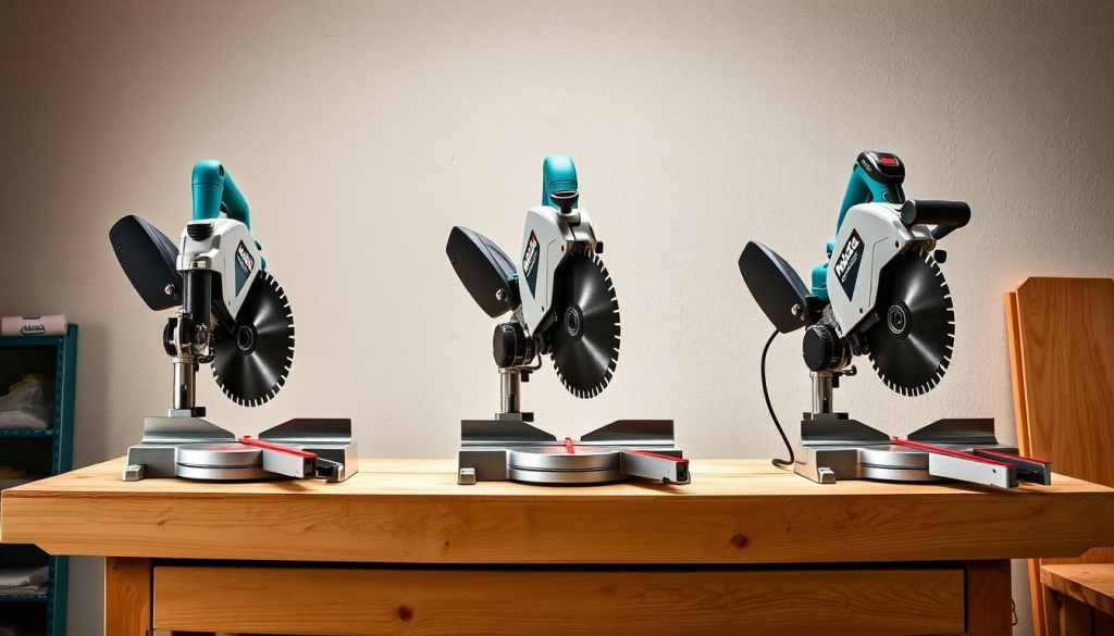 A well-lit workshop setting, showcasing three Makita drywall saws in a side-by-side comparison. The saws are positioned on a sturdy wooden workbench, their blades gleaming under the soft, diffused lighting. The background is a clean, neutral-toned wall, allowing the tools to take center stage. The image captures the precision, power, and attention to detail that define the Makita brand, inviting the viewer to closely inspect and compare the features of each saw model. The overall composition conveys a sense of professionalism and expertise, reflecting the high-quality craftsmanship of the Makita drywall saws.