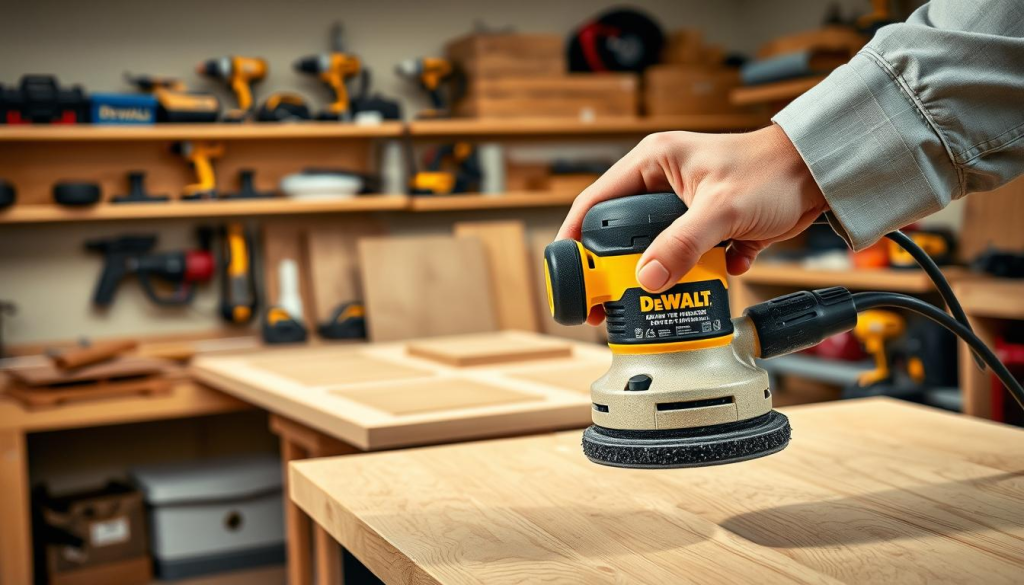 A well-lit workshop setting, with a Dewalt 5-inch orbital sander prominently featured in the foreground. The sander is being held at a slight angle, with the operator's hands visible, demonstrating proper grip and handling techniques. The middle ground shows various woodworking projects, such as a freshly sanded tabletop or cabinet door, to showcase the versatility of the tool. In the background, shelves with power tools and other workshop accessories create a sense of a professional, organized workspace. The lighting is soft and diffused, creating a warm, inviting atmosphere. The overall composition emphasizes the ergonomics, precision, and effectiveness of using an orbital sander for home improvement projects.