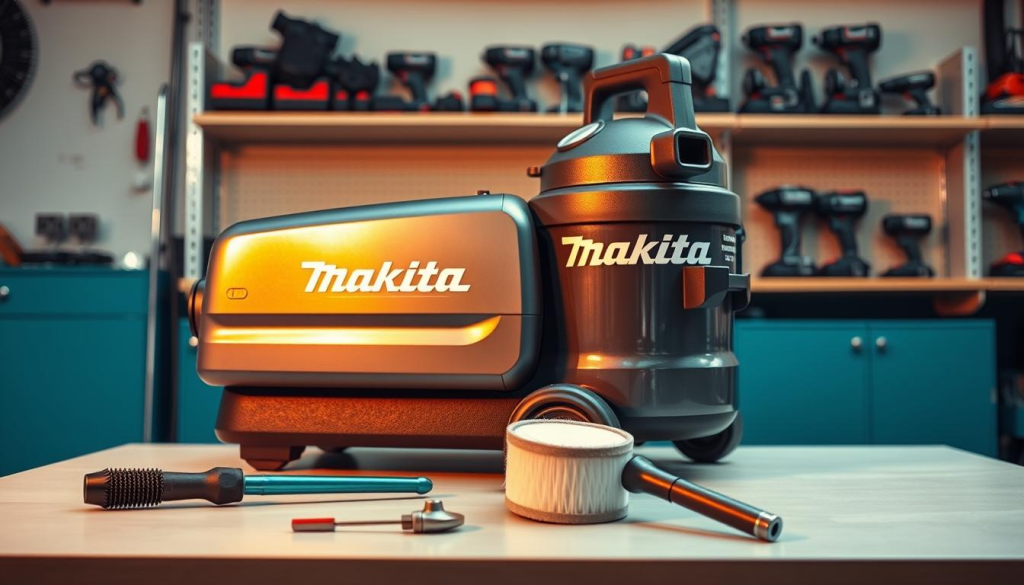 A well-lit workshop setting, with a Makita industrial vacuum cleaner prominently displayed on a clean, sturdy workbench. The vacuum's sleek, metallic body glistens under warm, focused lighting, showcasing its durable construction. In the foreground, various maintenance tools are neatly arranged, including a screwdriver, a brush, and a replacement filter. The background features shelves stocked with Makita power tools, creating a professional, organized atmosphere. The overall scene conveys a sense of attention to detail and care in maintaining a high-performance Makita vacuum for optimal performance and longevity.