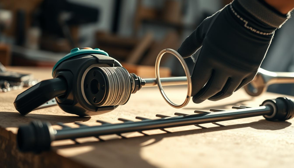 A well-lit workshop setting with a Makita string trimmer laid out on a sturdy workbench. Close-up view of the trimmer's various components - the spool, trimmer line, and the guard. A hand wearing protective gloves is gently disassembling the trimmer, revealing the inner mechanisms. Soft shadows cast by the overhead lighting create a sense of depth and focus on the task at hand. The background is blurred, emphasizing the intricate details of the maintenance process. The overall mood is one of careful attention and diligence, reflecting the "Maintenance Tips for Longevity" theme.