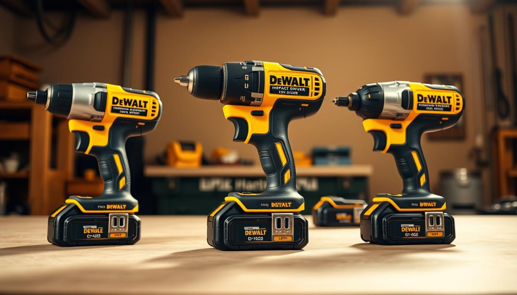 A well-lit workshop setting, with a central focus on three DeWalt impact drivers lined up and displayed prominently. The drivers are showcased from various angles, highlighting their sturdy build, ergonomic design, and cordless features. The lighting is warm and directional, creating a sense of depth and dimension. The background is a neutral, clean workspace, allowing the tools to be the main subject of attention. Subtle reflections on the metallic surfaces add a touch of realism. The overall composition conveys a professional, informative, and visually appealing presentation of the best DeWalt impact drivers on the market.