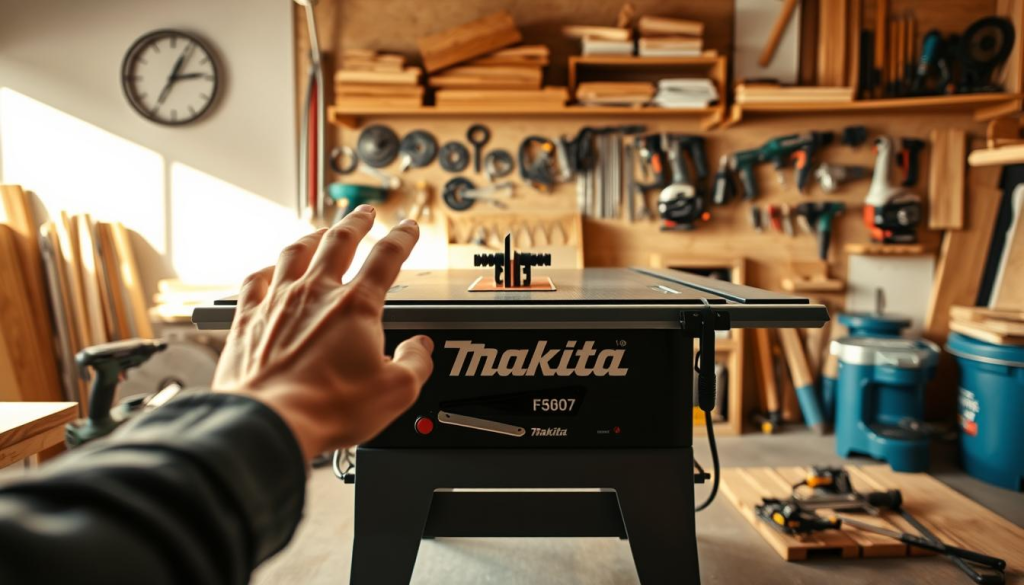 A well-lit workshop setting, with a prominent Makita table saw positioned at the center. The saw is surrounded by various woodworking tools and materials, creating a sense of a professional, well-equipped workspace. The foreground features a hand reaching out to touch the sleek, modern design of the table saw, highlighting its tactile appeal. The middle ground showcases different blade types and accessories, emphasizing the versatility of the tool. The background depicts a wall of shelves stocked with Makita power tools, subtly suggesting the brand's comprehensive product line. The lighting is warm and inviting, casting gentle shadows and creating a sense of depth and dimension. The overall atmosphere conveys a harmonious balance between form and function, reflecting the thoughtful consideration required when choosing the right Makita table saw.