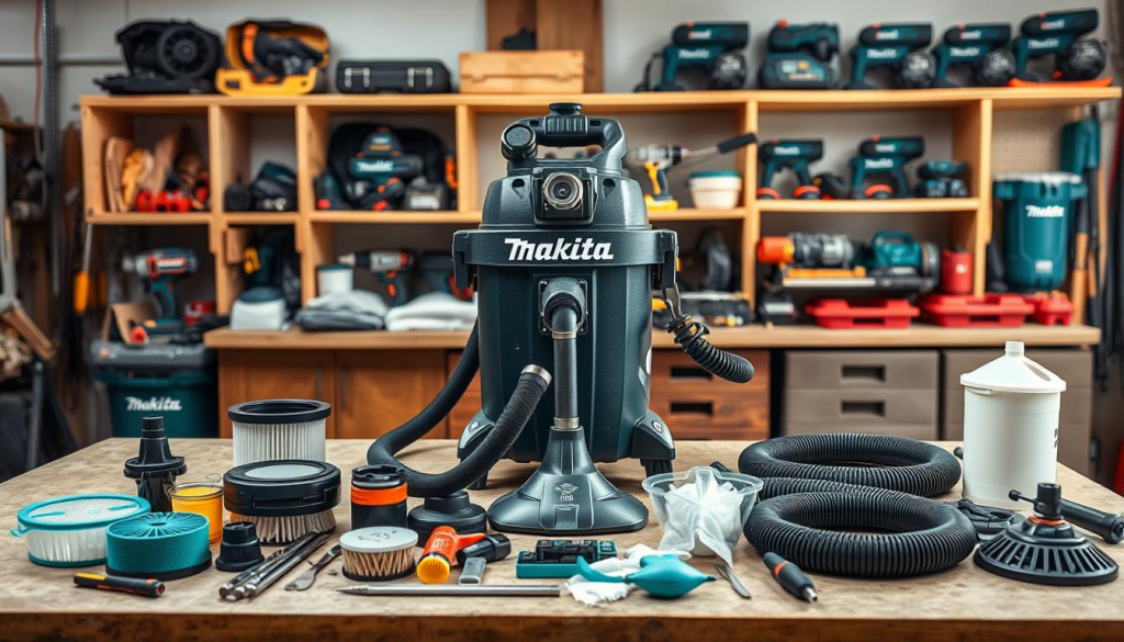 A well-lit workshop setting with a robust Makita shop vacuum cleaner prominently displayed on a workbench. The vacuum is disassembled, with various tools and cleaning supplies arranged neatly around it. The foreground showcases the inner workings and maintenance components, such as filters, hoses, and brushes, all in pristine condition. The middle ground features the reassembled vacuum, its powerful suction nozzle and durable exterior highlighting its versatility. In the background, shelves stocked with other Makita power tools create a sense of a professional, organized workspace. The overall scene conveys the importance of proper maintenance for ensuring the Makita shop vac's long-lasting performance and reliability.