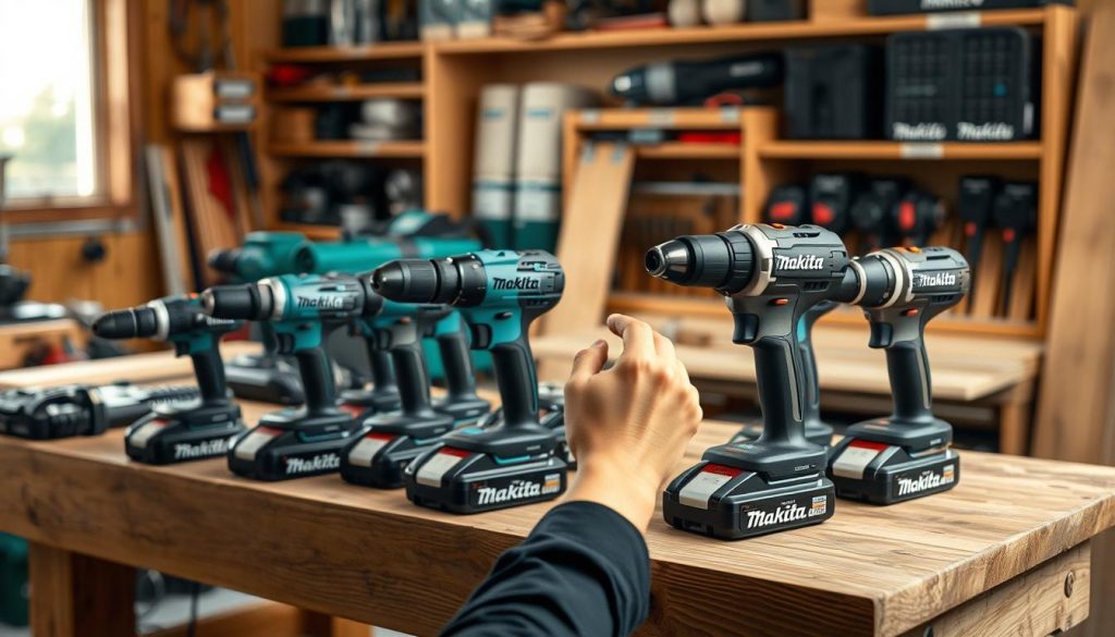 A well-lit workshop setting, with a sturdy wooden workbench in the foreground. On the bench, a collection of Makita power tools, including various drill sets, arranged neatly. The drills are showcased in a way that highlights their features and specifications, such as battery capacity, torque, and speed settings. In the middle ground, a person's hands are examining the drill sets, carefully considering the options. The background is blurred, but hints at shelves or storage units filled with additional Makita equipment, conveying a sense of a professional workspace dedicated to reliable power tools. The overall atmosphere is one of thoughtful decision-making, where the choice of the right Makita drill set is paramount for the success of the project at hand.