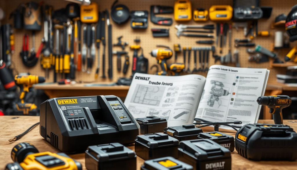 A well-lit workshop space, with a DEWALT quick charger prominently displayed on a sturdy workbench. The charger's sleek black casing and LED indicators are clearly visible, inviting closer inspection. In the foreground, various DEWALT power tools, batteries, and accessories are arranged, suggesting the troubleshooting process. The middle ground features a diagram or instruction manual open, providing visual guidance on the charger's functionality and common issues. The background showcases a neatly organized tool storage system, conveying a sense of professionalism and attention to detail. The overall scene evokes a mood of problem-solving and efficient tool maintenance.