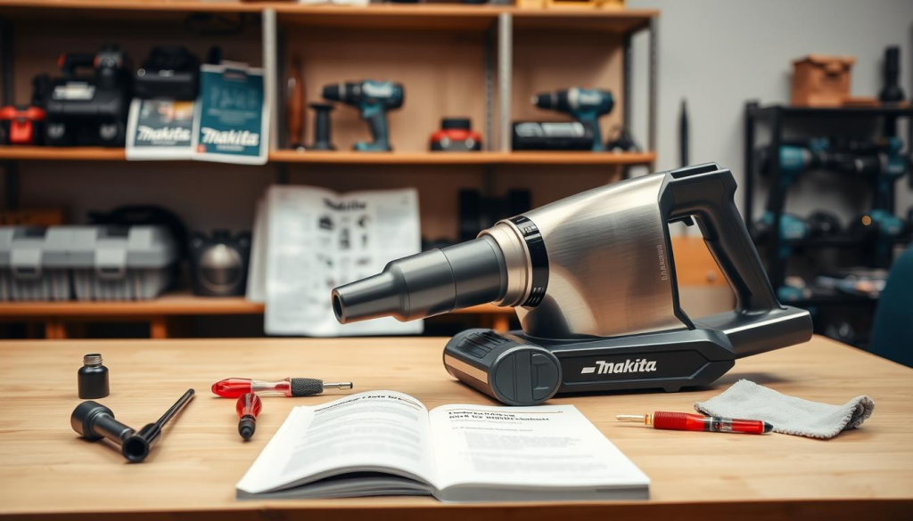 A well-lit workshop table showcases a Makita cordless vacuum cleaner. In the foreground, the vacuum's brushed metal body and sleek design are prominently displayed. Nearby, various maintenance tools like a screwdriver, brush, and cleaning cloth are neatly arranged, suggesting a routine maintenance session. The middle ground features an open user manual, providing step-by-step guidance on disassembly and cleaning procedures. In the background, shelves hold additional Makita power tools, conveying a professional, workshop-like atmosphere. Soft, directional lighting highlights the vacuum's details and the maintenance tools, creating a sense of focus and importance around the task at hand.