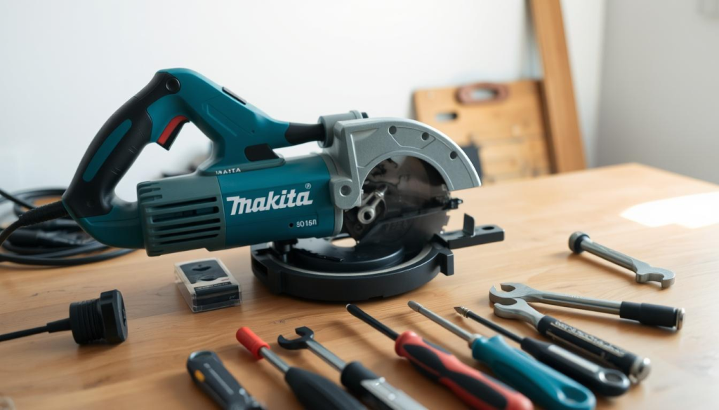 A well-lit workshop table showcases a disassembled Makita plunge saw, its components neatly laid out. Illuminated by a soft, natural light source, the saw's precision-engineered parts are visible, inviting closer inspection. In the foreground, a set of specialized tools, such as screwdrivers and wrenches, are arranged, suggesting the methodical process of maintaining this powerful tool. The background features a clean, uncluttered space, allowing the viewer's focus to remain on the saw and the maintenance tasks at hand. The overall atmosphere conveys a sense of diligence, craftsmanship, and the importance of proper care for this essential power tool.