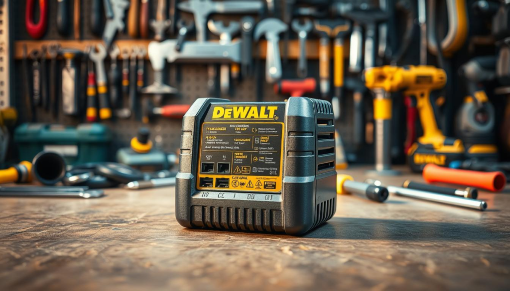 A well-lit workshop table, the center of attention being a DEWALT battery charger. The charger stands out against a background of neatly organized tools, their metallic surfaces gleaming under the warm, directional lighting. The charger's housing is depicted in intricate detail, showcasing its sturdy construction and thoughtful design. The image captures the charger from a slightly elevated angle, allowing the viewer to inspect its various ports, indicators, and controls. The overall mood is one of problem-solving, with the charger presented as the focus of careful examination and troubleshooting. The lighting and composition create a sense of technical professionalism, inviting the viewer to closely observe and understand the inner workings of this essential power tool accessory.
