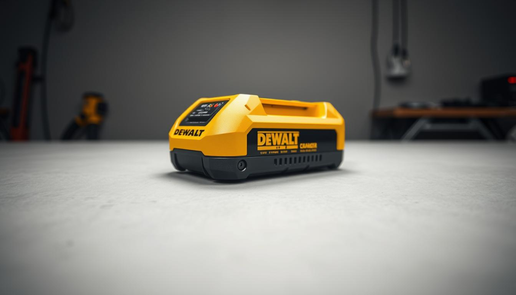 A well-lit workshop table, the focus centered on a DEWALT battery charger. The charger is positioned at a 45-degree angle, with its ports and indicators clearly visible. The background is a clean, neutral gray, allowing the charger to stand out. Subtle highlights and shadows accentuate the charger's sleek, industrial design. The overall mood is one of examination and troubleshooting, with a sense of problem-solving and technical exploration. The image conveys the attention to detail and systematic approach needed to diagnose and resolve issues with a DEWALT power tool charger.