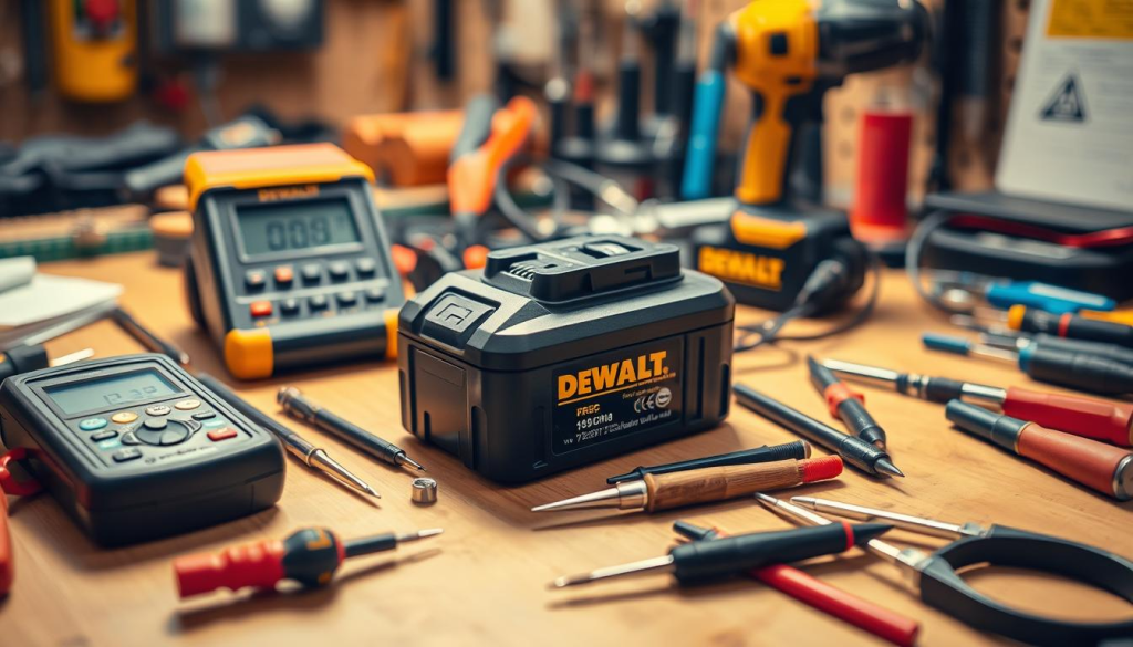 A well-lit workshop table with a DEWALT power tool battery, a multimeter, and various tools for troubleshooting. The battery is the focal point, surrounded by a neatly organized array of screwdrivers, pliers, and other diagnostics equipment. The lighting casts warm, directional shadows, emphasizing the technical nature of the scene. The background is slightly blurred, keeping the attention on the troubleshooting setup. The overall mood is one of problem-solving and professional competence.