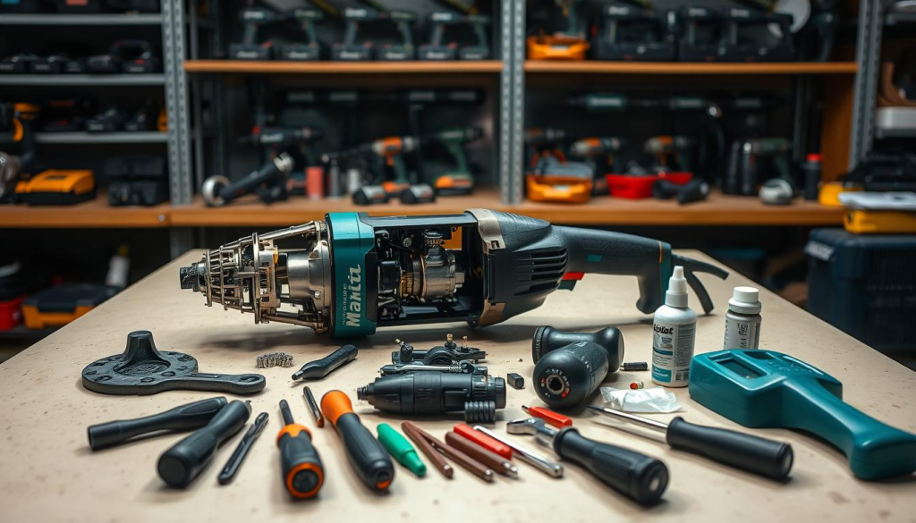 A well-lit workshop table with a Makita power tool disassembled, its components neatly arranged. The tool's inner workings are clearly visible, showcasing its intricate engineering. In the foreground, a set of Makita maintenance tools, including screwdrivers, wrenches, and cleaning supplies, are positioned next to the disassembled parts. The background features shelves stocked with Makita power tools, suggesting a professional workspace dedicated to maintaining and servicing these high-quality devices. The lighting is soft and diffused, creating a calm and focused atmosphere, highlighting the attention to detail required for proper Makita tool maintenance.