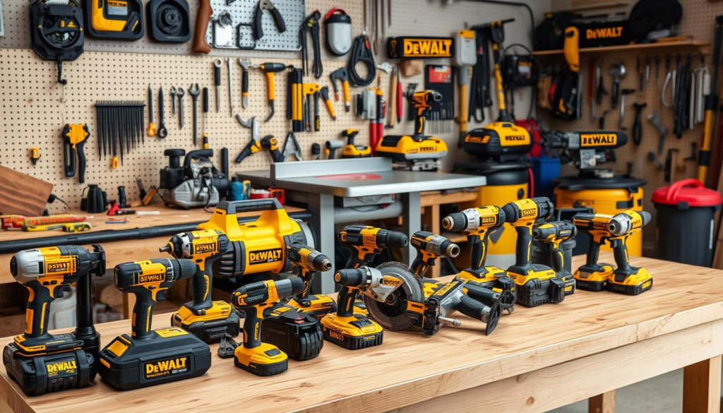 A well-lit workshop with an assortment of DEWALT power tools prominently displayed on a sturdy workbench. In the foreground, a collection of cordless drills, impact drivers, and reciprocating saws showcase the brand's rugged design and professional-grade performance. In the middle ground, a table saw and miter saw stand ready for precision woodworking, while a powerful DEWALT compressor and nail gun suggest the tools' versatility across construction and renovation tasks. The background features a pegboard filled with DEWALT accessories and hand tools, conveying the breadth of the brand's offerings for trade professionals. The overall atmosphere is one of efficiency, durability, and a commitment to the demands of skilled craftspeople.