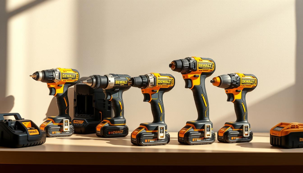 A well-lit workspace showcasing a lineup of DEWALT 20V power tools, meticulously arranged against a neutral background. The tools are captured from a slightly elevated angle, allowing for a clear comparison of their sizes, designs, and features. Subtle shadows and reflections add depth and dimension, while a warm, natural lighting scheme illuminates the brushed metal and vibrant accents of the devices. The overall composition emphasizes the tools' premium construction and technological advancements, inviting the viewer to closely examine and compare their capabilities.