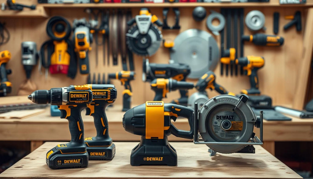 A well-lit workspace, showcasing an array of DEWALT power tools arranged neatly on a sturdy wooden workbench. In the foreground, a cordless drill, a reciprocating saw, and a circular saw sit side by side, their sleek black and yellow casings gleaming under the soft, diffused lighting. In the middle ground, a compact impact driver and a powerful angle grinder stand ready for specialized tasks. The background features a variety of other DEWALT tools, including a miter saw, a random orbital sander, and a cordless jigsaw, all meticulously organized and ready for use. The scene conveys a sense of professional craftsmanship, efficiency, and the reliable quality that DEWALT is known for.