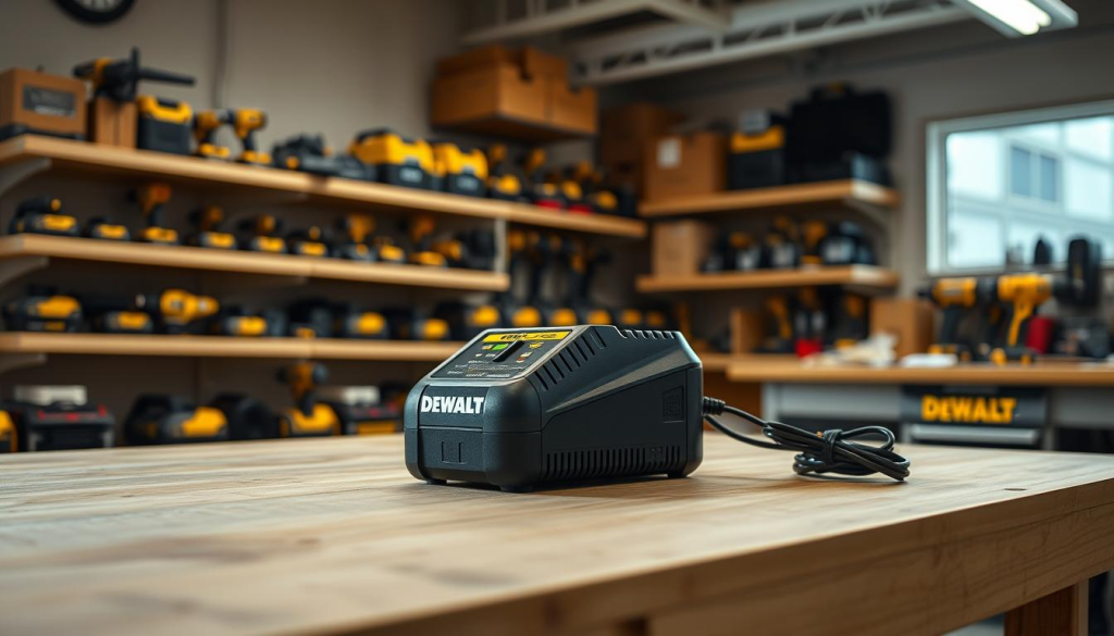 A well-lit workspace with a DEWALT charger on a sturdy workbench. The charger is positioned prominently, its sleek design and LED indicators suggesting efficient power delivery. In the background, shelves display an array of DEWALT power tools, hinting at the charger's role in a professional workshop. Soft, diffused lighting from overhead fixtures creates an atmosphere of productivity and attention to detail. The overall scene conveys the importance of maximizing charger efficiency for reliable tool performance.