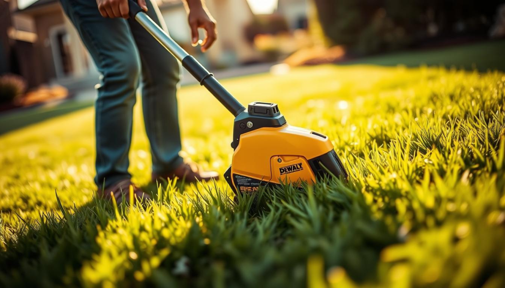 A well-maintained DEWALT yard edger being used with precision on a lush, verdant lawn. The operator holds the machine firmly, their stance steady as they guide the sharp, rotating blade along the lawn's edge, effortlessly creating a clean, defined border. Sunlight filters through wispy clouds, casting a warm, golden glow over the scene. The edger's sleek, yellow and black design stands in sharp contrast to the rich, green grass. Blades of grass flutter in a gentle breeze, adding a sense of movement and vitality to the composition. The background is blurred, keeping the focus solely on the operator and the task at hand, demonstrating the DEWALT yard edger's ease of use and effectiveness.