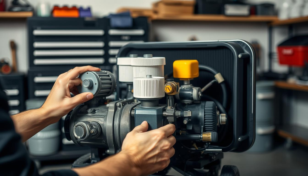 A well-maintained portable air compressor, its components exposed in a clean, organized workshop setting. The compressor's inner workings are clearly visible, with a technician's hands carefully examining the valves, filters, and lubrication points. Soft, diffused lighting illuminates the scene, casting subtle shadows that highlight the intricate details. The background features a neatly arranged toolbox and shelves, conveying a sense of professionalism and attention to detail. The overall atmosphere is one of focused, methodical care, reflecting the importance of proper maintenance for the longevity and performance of this essential equipment.