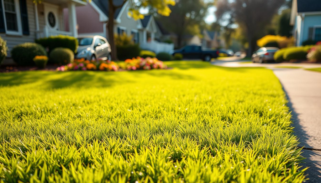 A well-manicured lawn with crisp, precisely-edged borders, illuminated by warm, natural sunlight and captured through a wide-angle lens. The freshly-trimmed grass creates a lush, vibrant green foreground, while the neatly-defined edges along the sidewalk and flower beds give the scene a clean, polished look. The background features a blurred, out-of-focus suburban setting, allowing the focus to remain on the impeccably maintained lawn edging, which serves as the central subject. The overall mood is one of meticulous attention to detail and a well-cared-for outdoor space.