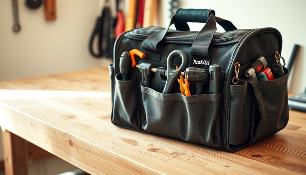 A well-organized Makita tool bag rests on a clean, wooden workbench. The bag's sturdy exterior is meticulously arranged, with various compartments and pockets visible, each containing a specific set of tools. The lighting is soft and natural, creating a warm, inviting atmosphere. The camera angle is slightly elevated, allowing the viewer to appreciate the bag's thoughtful design and the orderly layout of its contents. The overall scene conveys a sense of efficiency, professionalism, and pride in one's workspace.