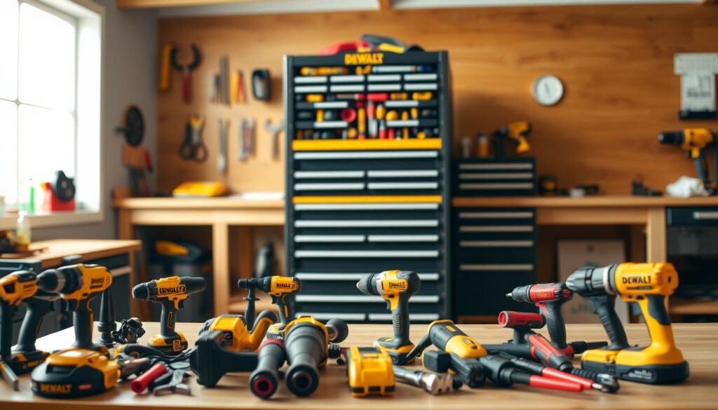 A well-organized and kid-friendly DEWALT tool storage unit stands in a bright, sunlit workshop. In the foreground, a collection of miniature DEWALT power tools and hand tools are neatly arranged, inviting young makers to explore and play. The middle ground features a sturdy, colorful storage cabinet with multiple compartments and drawers, designed to keep the tools secure and easily accessible. The background showcases a warm, wooden workbench, conveying a sense of creativity and productivity. Soft, diffused lighting illuminates the scene, creating a welcoming and encouraging atmosphere for young DIYers.