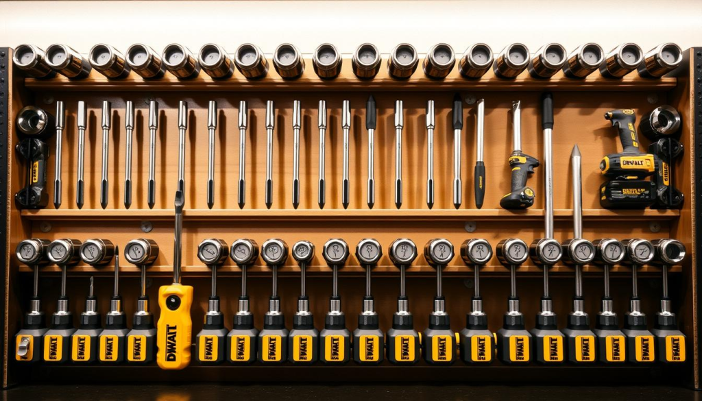 A well-organized and neatly arranged DEWALT nut driver storage solution, featuring a sturdy metal or wooden storage rack or case. The racks are evenly spaced, displaying a range of nut drivers in various sizes, with clear labeling for easy identification. Soft backlighting illuminates the storage area, creating a clean, professional, and well-maintained appearance. The overall composition emphasizes the organization, accessibility, and proper care of the DEWALT nut driver set, reflecting the attention to detail and pride in one's tool collection.
