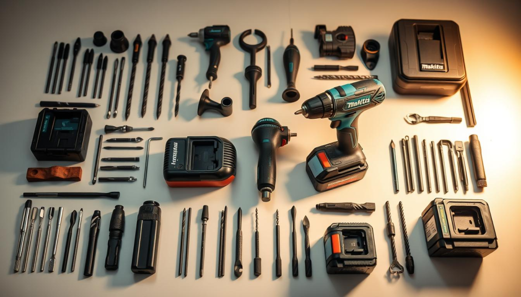 A well-organized array of Makita cordless drill accessories meticulously arranged on a clean, white tabletop. A selection of high-quality drill bits, driver bits, sanding attachments, and other essential tools displayed in a visually compelling manner, conveying the versatility and precision of Makita's cordless power tool ecosystem. Soft, directional lighting casts a warm glow, highlighting the sleek, professional design of the accessories. The overall composition emphasizes the importance of these essential tools in enhancing the performance and capabilities of a Makita cordless hammer drill.