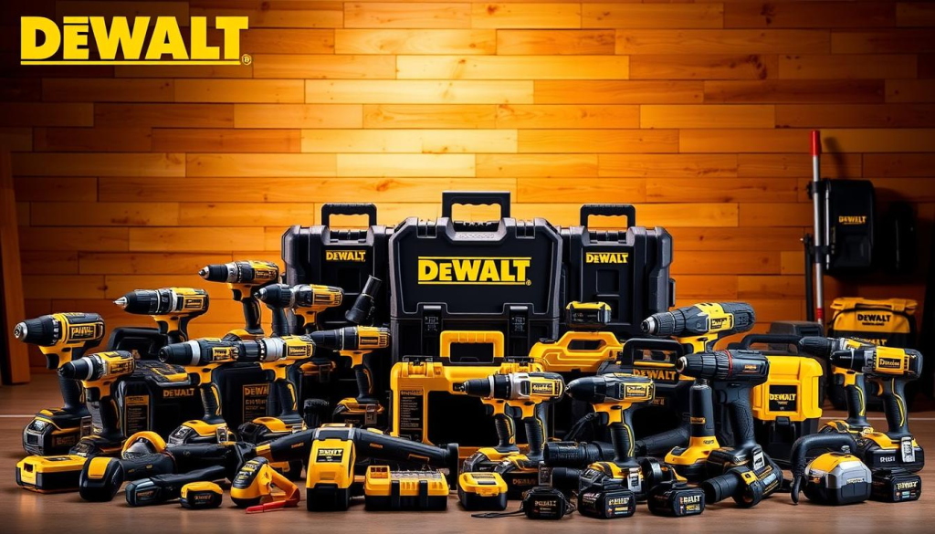 A well-organized display of DEWALT's premium power tool kits for the modern homeowner. A vibrant foreground showcases an assortment of their most versatile and durable tools - cordless drills, impact drivers, oscillating tools, and more - arranged neatly against a warm, softly-lit wooden backdrop. In the middle ground, DEWALT's iconic yellow and black cases stand upright, hinting at the comprehensive nature of these comprehensive kits. The background features a subtle, industrial-chic setting, perhaps a workshop or garage, emphasizing DEWALT's reputation for professional-grade equipment built for DIY projects. Warm, directional lighting casts dramatic shadows, heightening the sense of quality craftsmanship. The overall scene conveys DEWALT's commitment to empowering homeowners with the right tools for any task.