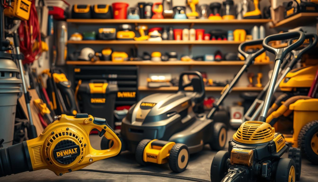 A well-organized garage workspace with various DEWALT yard equipment neatly arranged. In the foreground, a DEWALT leaf blower and hedge trimmer are displayed, showcasing their sleek design and sturdy construction. In the middle ground, a DEWALT lawn mower is positioned, its metal body gleaming under the warm, directional lighting. In the background, shelves hold an array of DEWALT power tools and accessories, reflecting the brand's comprehensive lineup for maintaining a pristine yard. The overall atmosphere conveys a sense of efficiency, organization, and the professional-grade quality of DEWALT's yard maintenance solutions.