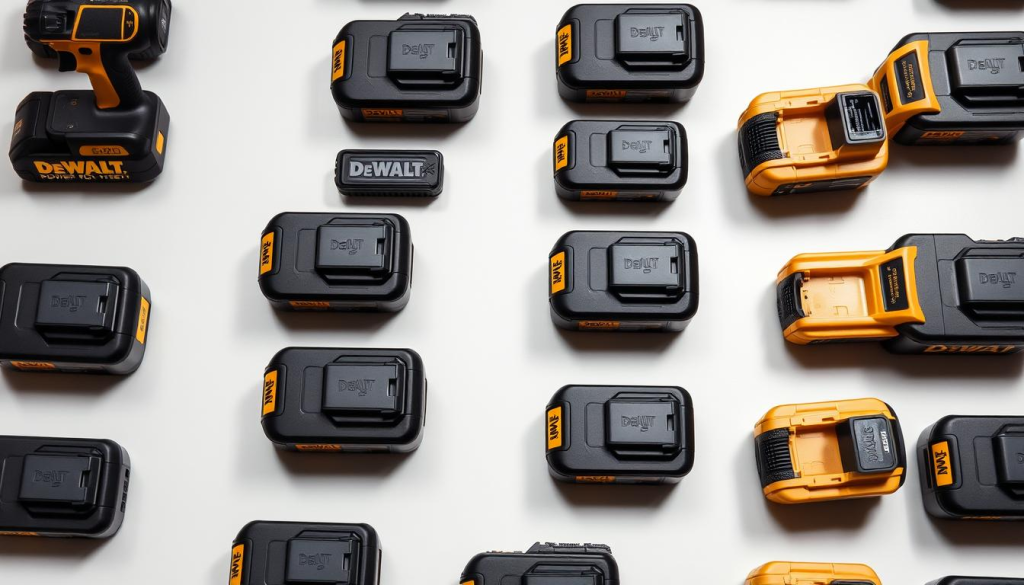 A well-organized, neatly-arranged product catalog of DeWalt power tool batteries, displayed on a clean, minimalist backdrop. The batteries are shown in a clear, close-up view, highlighting their distinct shapes, sizes and labels. Soft, directional lighting casts subtle shadows, emphasizing the textures and details of the batteries. The composition is balanced, with the batteries arranged in a grid or row formation, conveying a sense of order and practicality. The overall mood is professional, informative and product-focused, suitable for illustrating a section on tool usage and battery selection.