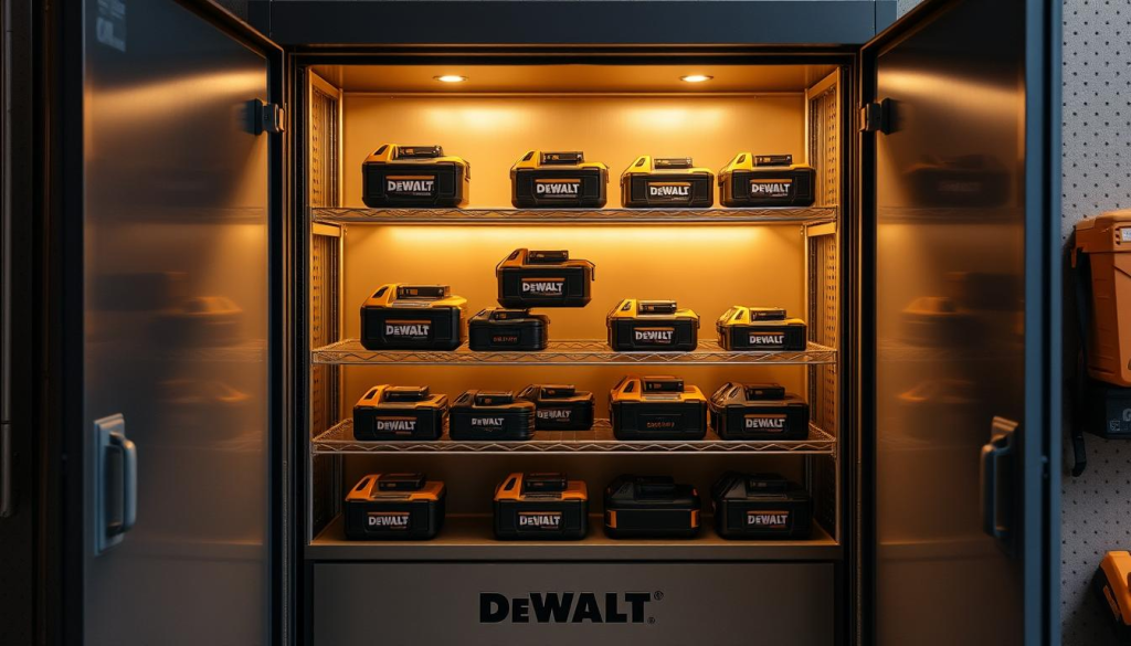 A well-organized storage solution for DeWalt lithium-ion batteries, showcasing a sturdy metal cabinet with multiple shelves to accommodate a variety of battery sizes. The cabinet is illuminated by soft, diffused lighting that casts a warm glow, creating an atmosphere of safety and organization. The batteries are neatly arranged on the shelves, each one easily accessible. The cabinet's front panel features a sleek, minimalist design, with a subtle DeWalt logo that speaks to the brand's commitment to quality and reliability. The overall scene conveys a sense of order and control, reflecting the "Best Practices for Battery Care" section of the article.