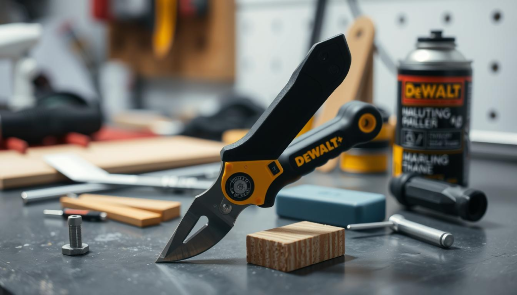 A well-organized workbench with a DEWALT utility knife in the foreground, its blade opened and positioned prominently. The knife is surrounded by an assortment of maintenance tools, including a sharpening stone, a small screwdriver, and a can of lubricant. The lighting is soft and even, creating a sense of focus and attention to detail. The background is slightly blurred, emphasizing the knife and its accessories. The overall atmosphere conveys a sense of professionalism and care, reflecting the importance of maintaining a reliable utility knife.