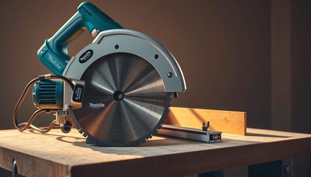 A wide-angle shot of a sturdy Makita concrete saw resting on a workbench. The saw's powerful 15-amp motor and 14-inch diamond blade are prominently featured, capturing its robust construction and heavy-duty capabilities. The image showcases the saw's key features, including its adjustable depth-of-cut and bevel controls, water supply system, and dust collection port, all of which contribute to the saw's versatility and user-friendly design. The scene is bathed in warm, directional lighting, casting dramatic shadows and highlighting the saw's sleek, metallic finish. The background is clean and uncluttered, allowing the saw to take center stage and effectively convey its impressive performance capabilities.