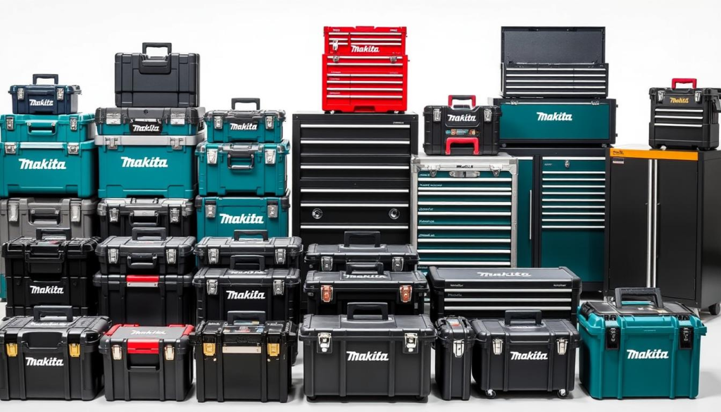A wide array of Makita tool boxes, showcased in a well-lit studio setting. The foreground features an assortment of different sizes and styles, including stackable plastic cases, metal tool chests, and heavy-duty rolling cabinets, all emblazoned with the iconic Makita logo. The middle ground showcases the durable construction and thoughtful design of these storage solutions, with a focus on their robust handles, reinforced corners, and secure locking mechanisms. The background maintains a clean, uncluttered aesthetic, allowing the tool boxes to take center stage and highlight their versatility and practical functionality for the modern workshop or job site.