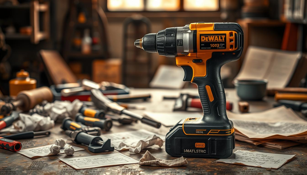 A workshop desk with a sleek DeWalt impact driver taking center stage, its brushed metal casing gleaming under warm studio lighting. Scattered around it, a collection of worn tools, oil-stained rags, and customer reviews scrawled on crumpled papers, conveying a sense of real-world, hands-on usage. The background is a softly blurred, industrial-chic setting, hinting at the driver's rugged performance and reliability. The overall mood is one of practical, no-nonsense professionalism, inviting the viewer to imagine the impact driver's capabilities in a variety of demanding work environments.