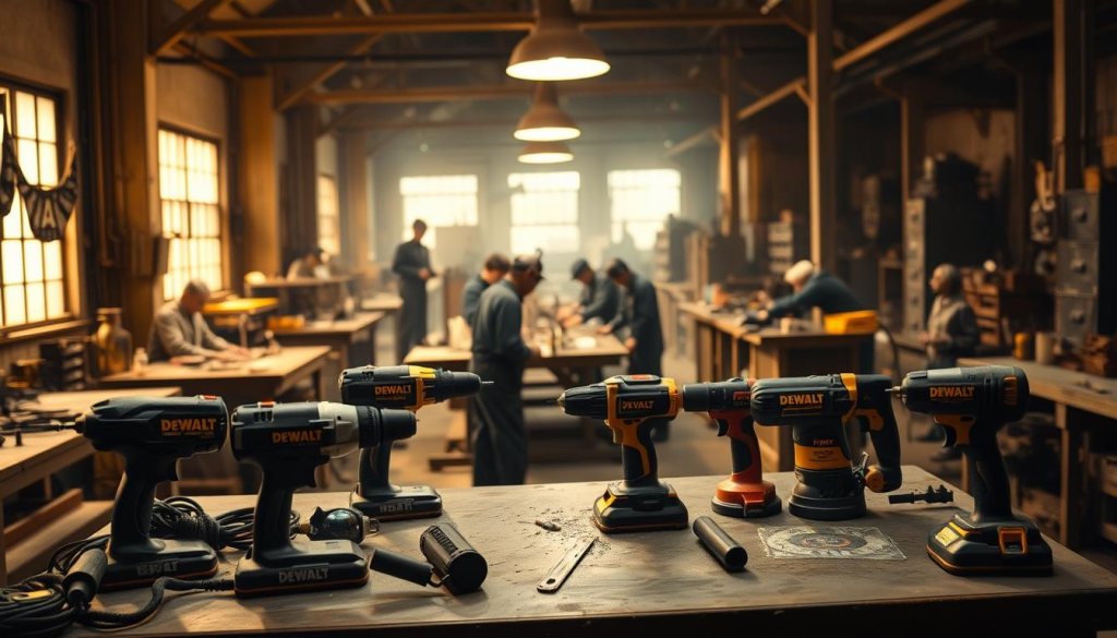 A workshop interior during World War II, illuminated by warm industrial lighting. In the foreground, a workbench with an array of DEWALT power tools - drills, saws, and sanders - all bearing the iconic DEWALT logo. The tools are arranged with care, showcasing their rugged design and precision engineering. In the middle ground, a group of factory workers, their faces obscured, toiling away at various projects. The background is hazy, with the faint outline of war-time machinery and supply crates, hinting at the broader context of the era. The overall atmosphere is one of focused determination, as the DEWALT brand begins to take shape amidst the challenges of a global conflict.
