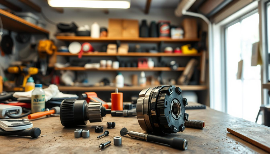 A workshop interior with a cluttered workbench in the foreground, well-lit by a combination of overhead lighting and natural light from a window. On the workbench, a disassembled keyless chuck sits among tools and cleaning supplies. The chuck's components are neatly arranged, suggesting a methodical maintenance process. In the middle ground, shelves line the walls, containing various power tools and accessories. The background is slightly blurred, giving focus to the detailed maintenance scene. The overall mood is one of industrious calm, conveying the importance of proper keyless chuck upkeep for seamless drilling.