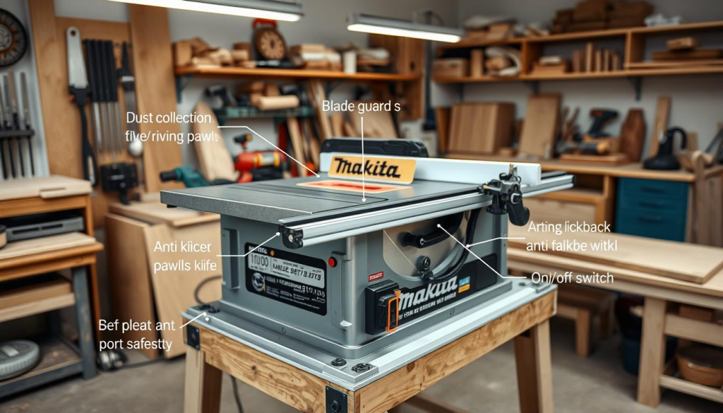 A workshop interior with a prominent Makita table saw, its safety features clearly visible. The saw is positioned on a sturdy workbench, surrounded by various woodworking tools. The foreground showcases the saw's blade guard, riving knife, and anti-kickback pawls, all designed to enhance user safety. The middle ground highlights the saw's dust collection port and on/off switch, while the background features a well-lit, organized workspace with shelves and cabinets. The lighting is soft and even, accentuating the saw's sleek, modern design. The overall atmosphere conveys a sense of professionalism and attention to safety in a well-equipped woodworking studio.