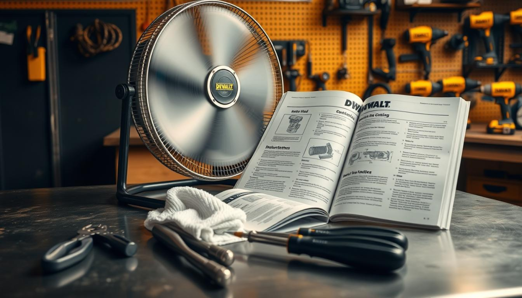 A workshop-ready DEWALT oscillating fan sits prominently on a sturdy metal workbench, its blades gently spinning under warm, diffused lighting. In the foreground, a set of tools - pliers, screwdrivers, and a clean cloth - are neatly arranged, ready for the user to embark on routine fan maintenance. The middle ground features an open instruction manual, its pages detailing step-by-step guidance on how to properly clean and lubricate the fan's components. The background showcases a well-organized workshop space, complete with pegboard storage and additional DEWALT power tools, conveying a sense of productivity and attention to detail.